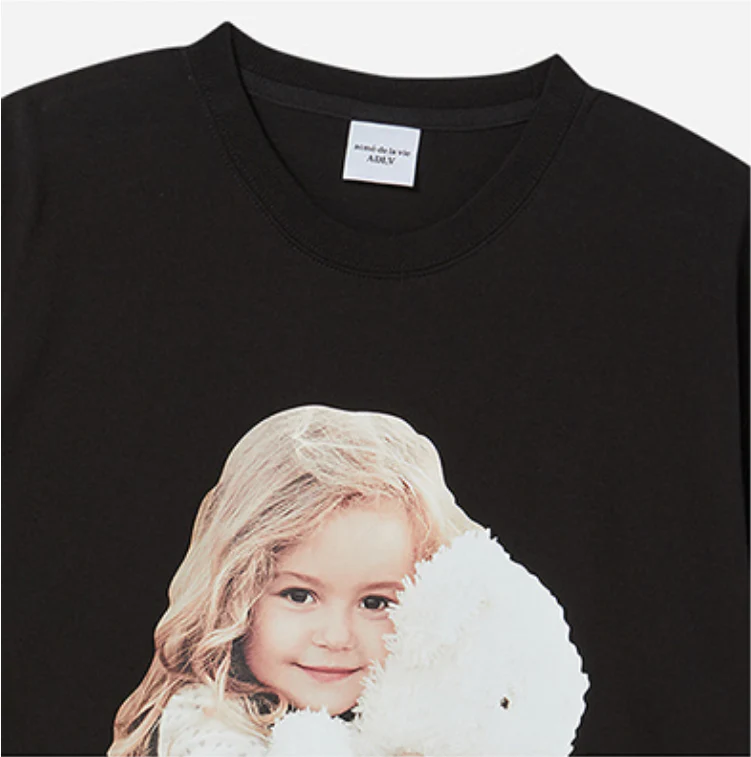 BABY FACE HUG BEAR DOLL SLEEVE T-SHIRT BLACK - Image 4