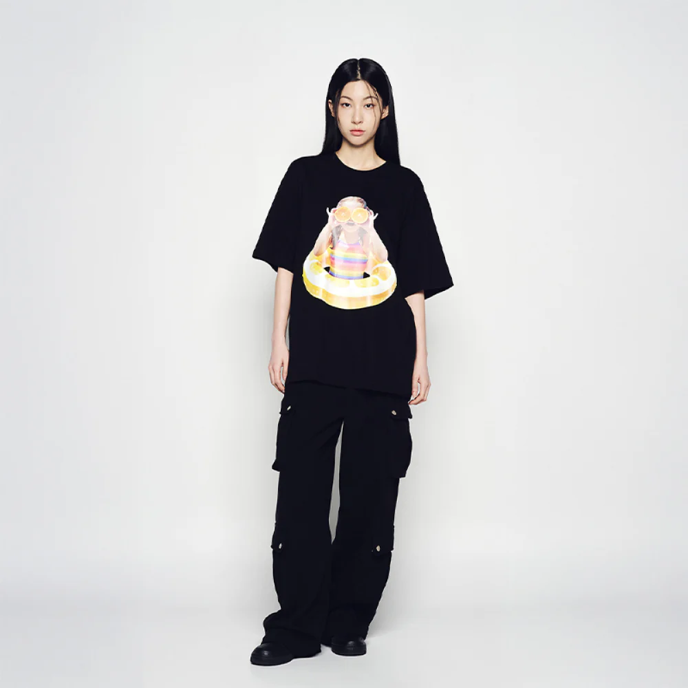BABY FACE ORANGE TUBE SLEEVE T-SHIRT BLACK - Image 3