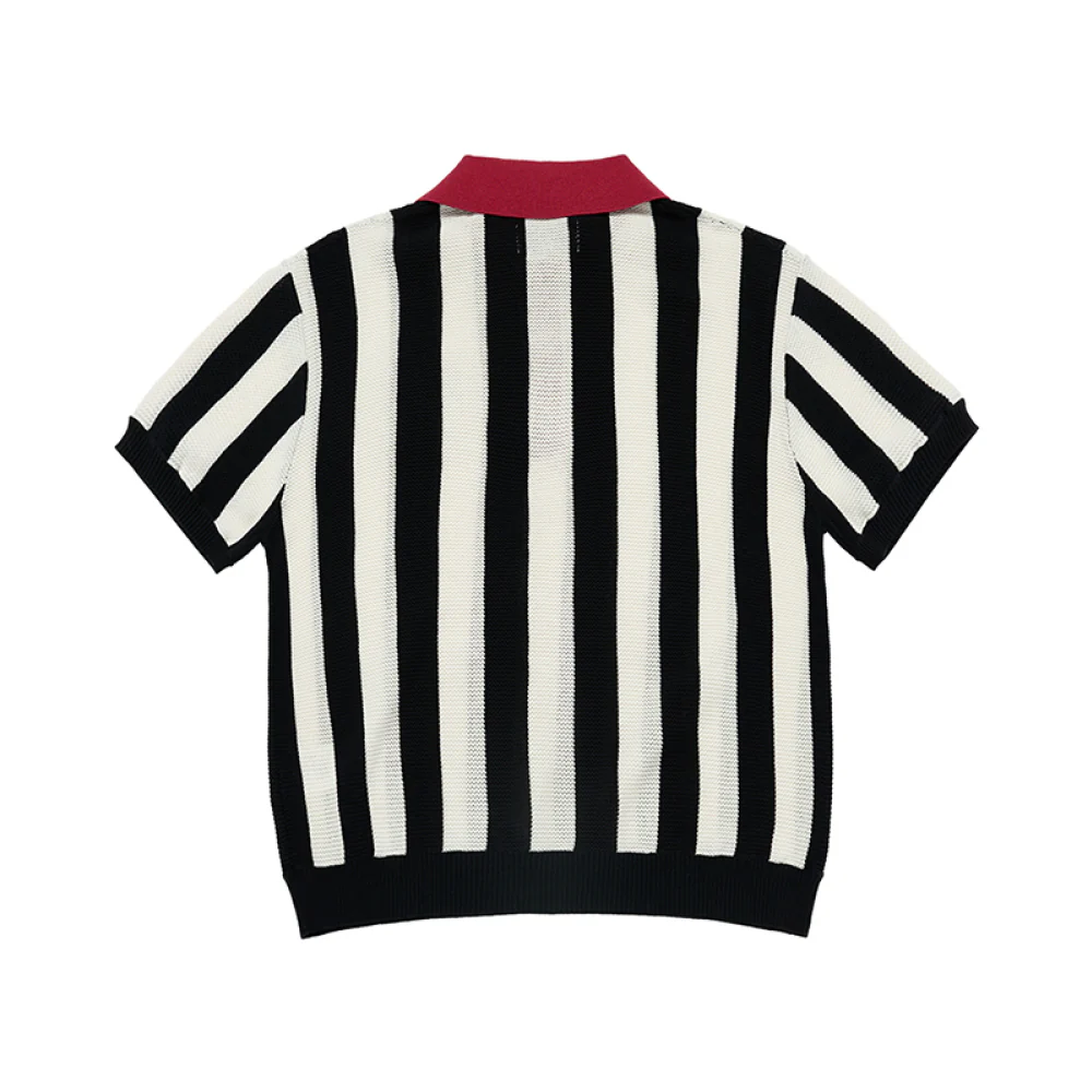 COLLAR POINT STRIPE SHORT SLEEVE KNIT BLACK - Image 2
