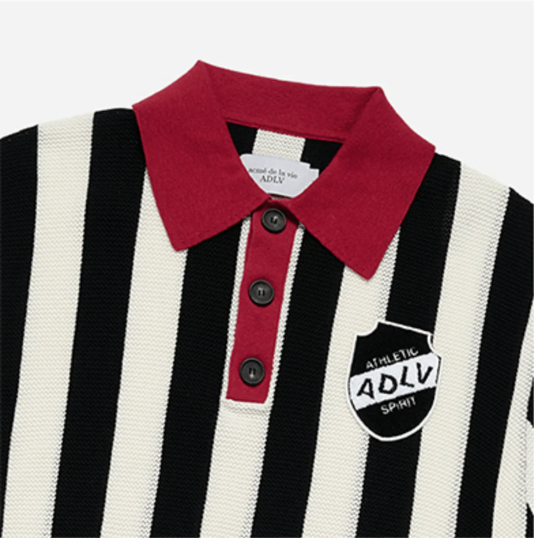 COLLAR POINT STRIPE SHORT SLEEVE KNIT BLACK - Image 3