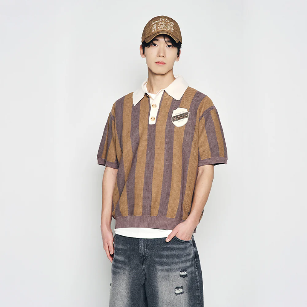 COLLAR POINT STRIPE SHORT SLEEVE KNIT BROWN - Image 3