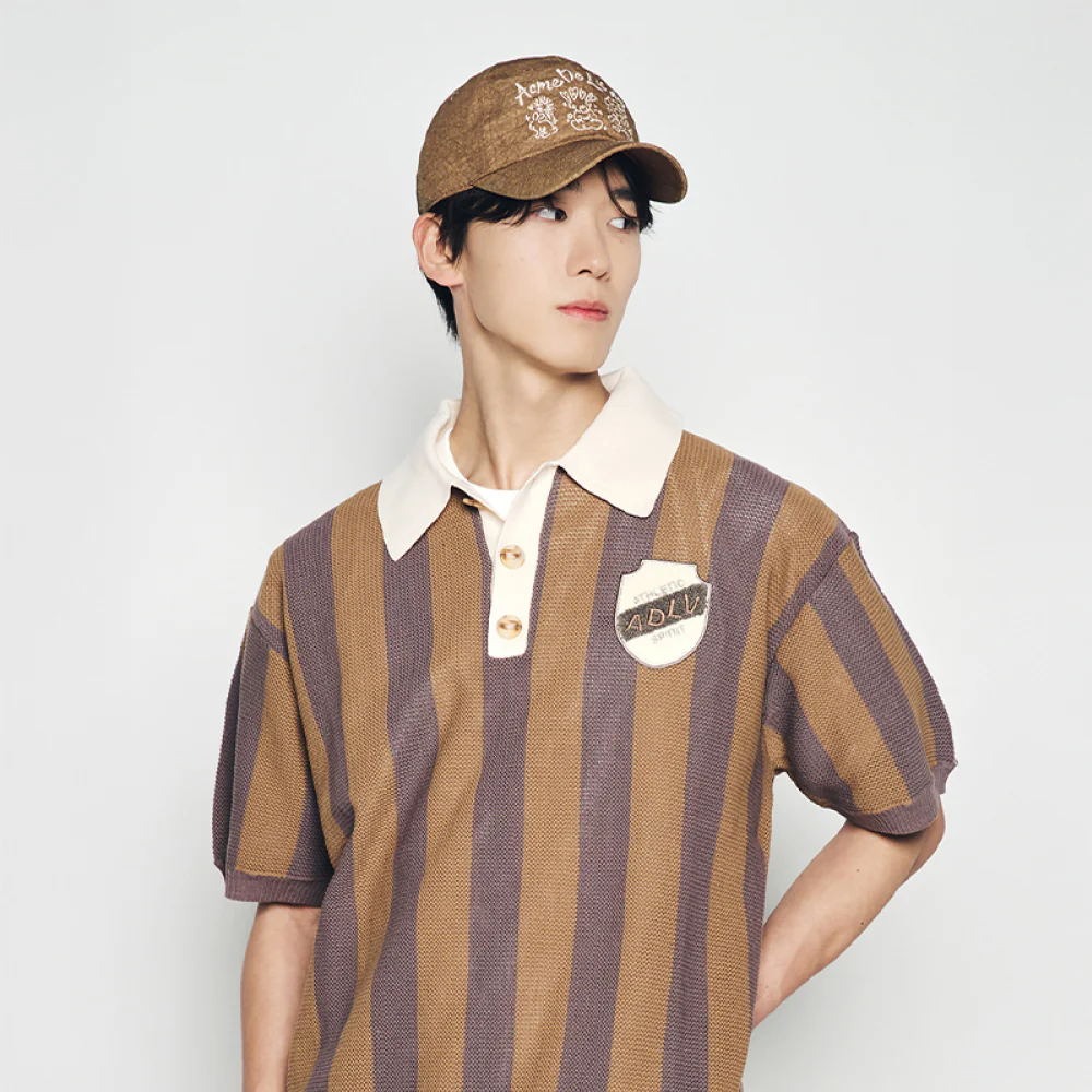 COLLAR POINT STRIPE SHORT SLEEVE KNIT BROWN - Image 4
