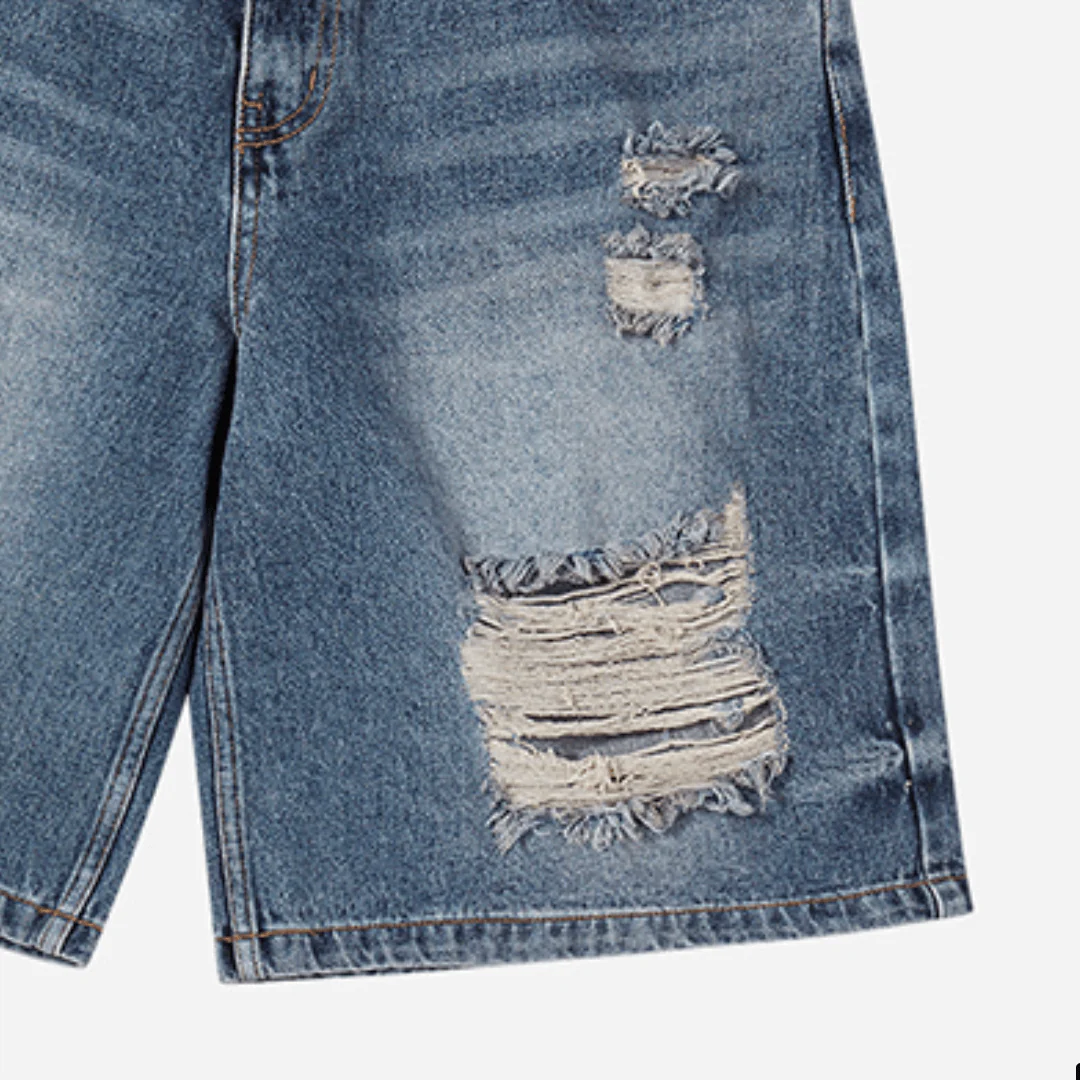 HEM LINE DESTROYED DENIM SHORT PANTS BLUE - Image 5