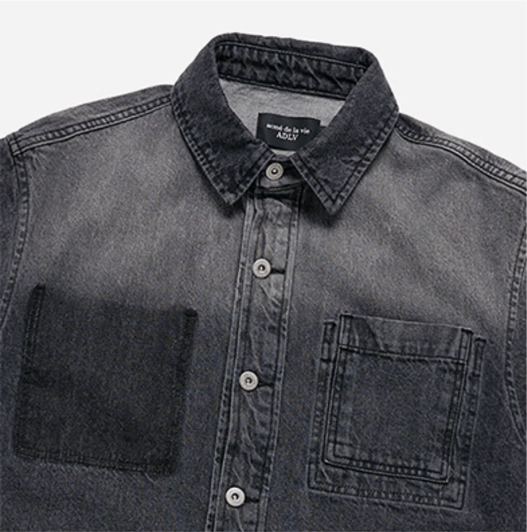 OVERSIZE WASHING DENIM SHORT SLEEVE SHIRTS BLACK - Image 4
