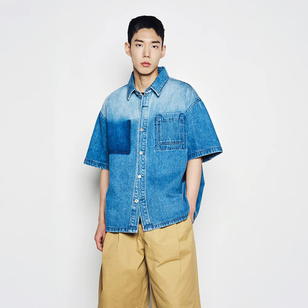 OVERSIZE WASHING DENIM SHORT SLEEVE SHIRTS BLUE - Image 4