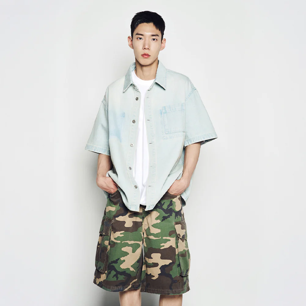 OVERSIZE WASHING DENIM SHORT SLEEVE SHIRTS LIGHT BLUE - Image 4