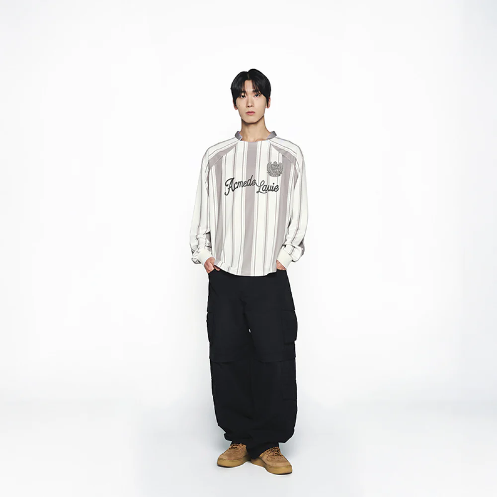 STRIPE FOOTBALL JERSEY LONG SLEEVE T-SHIRT LIGHT GRAY - Image 3