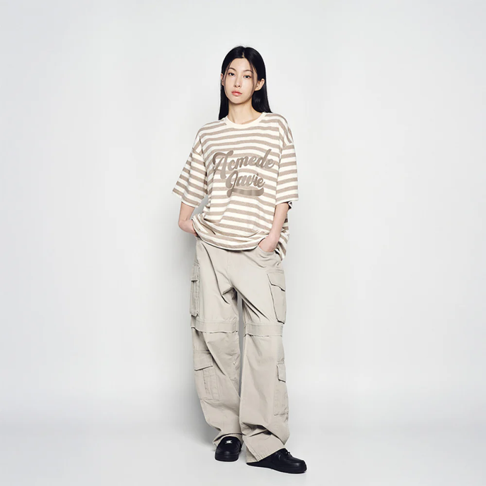 STRIPE LOGO PRINT SHORT SLEEVE T-SHIRT BEIGE - Image 3